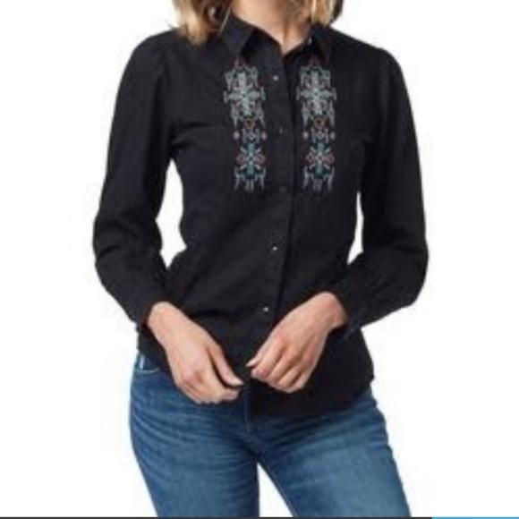 🔥NWT WRANGLER RETRO PUNCHY EMBROIDERED BLACK DENIM PEARLSNAP SHIRT - Picture 1 of 16